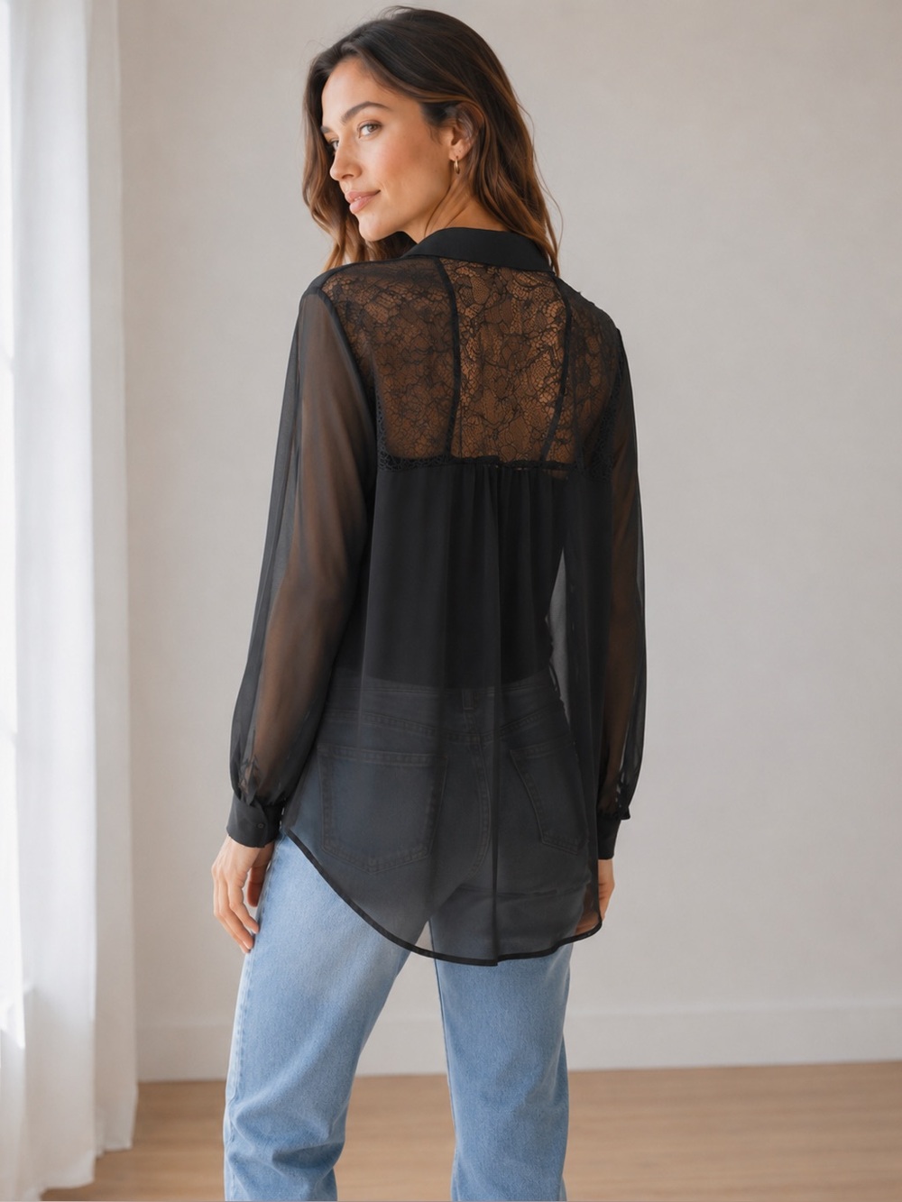 Lace & Crown Black Sheer Chiffon Lace Back Hi-Low Blouse